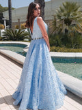 Vestido de noche de graduación con corte A/princesa, apliques de encaje, escote en V, sin mangas y largo hasta el suelo