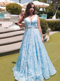 Vestido de noche de graduación con corte A/princesa, apliques de encaje, escote en V, sin mangas y largo hasta el suelo