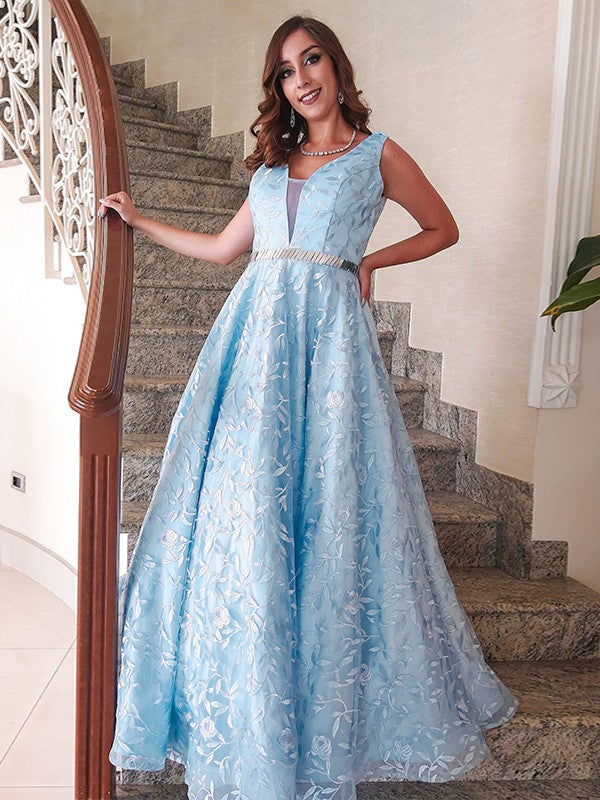 Vestido de noche de graduación con corte A/princesa, apliques de encaje, escote en V, sin mangas y largo hasta el suelo