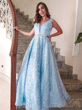 Vestido de noche de graduación con corte A/princesa, apliques de encaje, escote en V, sin mangas y largo hasta el suelo