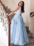 Vestido de noche de graduación con corte A/princesa, apliques de encaje, escote en V, sin mangas y largo hasta el suelo