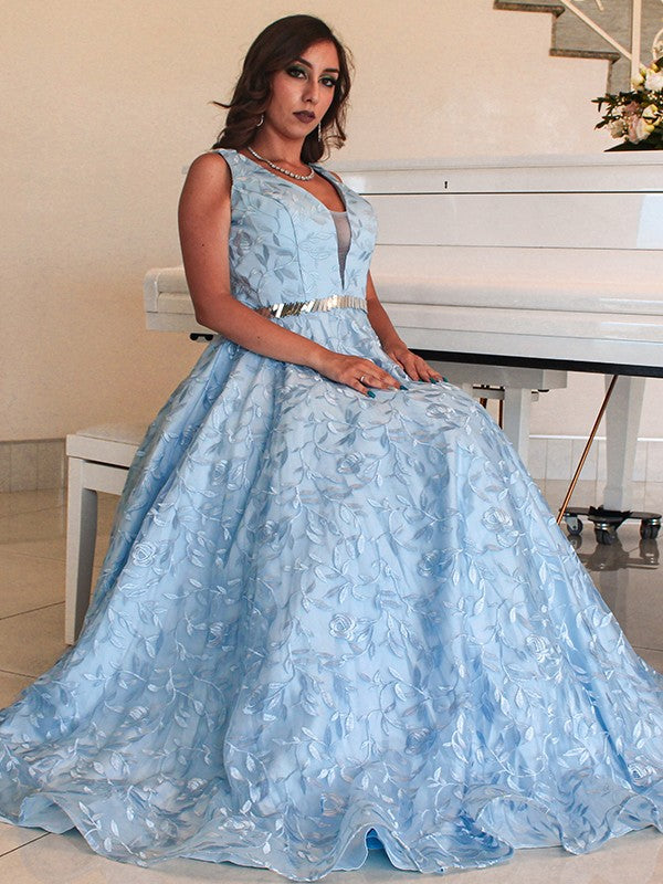 Vestido de noche de graduación con corte A/princesa, apliques de encaje, escote en V, sin mangas y largo hasta el suelo