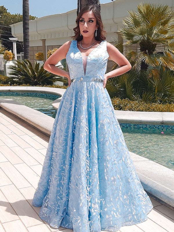 Vestido de noche de graduación con corte A/princesa, apliques de encaje, escote en V, sin mangas y largo hasta el suelo