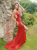 Vestido de fiesta de noche con lentejuelas, volantes, tirantes finos, sin mangas y cola larga