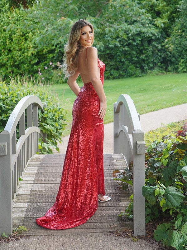 Vestido de fiesta de noche con lentejuelas, volantes, tirantes finos, sin mangas y cola larga