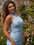 Vestido de cóctel corto/mini sin mangas con encaje y cuentas y cuello halter