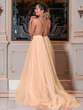 Vestido de noche de fiesta con apliques de tul, corte A/princesa, escote en V, sin mangas y cola larga