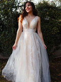 Vestido de noche de fiesta con corte A/princesa, apliques de tul, escote en V, sin mangas y largo hasta el suelo