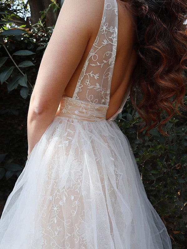 Vestido de noche de fiesta con corte A/princesa, apliques de tul, escote en V, sin mangas y largo hasta el suelo