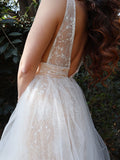 Vestido de noche de fiesta con corte A/princesa, apliques de tul, escote en V, sin mangas y largo hasta el suelo