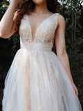 Vestido de noche de fiesta con corte A/princesa, apliques de tul, escote en V, sin mangas y largo hasta el suelo