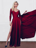 Vestido de noche de graduación con escote en V fruncido, manga larga y cola larga, corte A/princesa