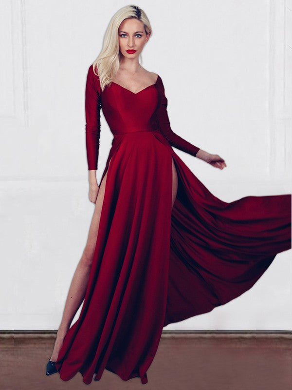 Vestido de noche de graduación con escote en V fruncido, manga larga y cola larga, corte A/princesa
