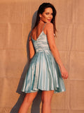 Vestido de cóctel de satén tipo seda, corte A/princesa, con volantes, tirantes finos, sin mangas, corto/mini