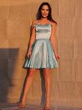 Vestido de cóctel de satén tipo seda, corte A/princesa, con volantes, tirantes finos, sin mangas, corto/mini