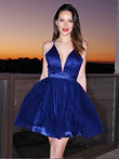 Vestido de fiesta corto/mini sin mangas con escote en V y tul con volantes y corte princesa