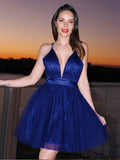 Vestido de fiesta corto/mini sin mangas con escote en V y tul con volantes y corte princesa