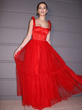 A-Line/Princess Lace Ruffles Square Sleeveless Floor-Length Dresses Prom Evening Dress