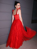 A-Line/Princess Lace Ruffles Square Sleeveless Floor-Length Dresses Prom Evening Dress