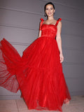 A-Line/Princess Lace Ruffles Square Sleeveless Floor-Length Dresses Prom Evening Dress