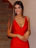 Vestido de fiesta de noche con escote en V fruncido, sin mangas y largo hasta el suelo