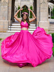 A-Line/Princess Satin Chiffon Ruched V-neck Sleeveless Floor-Length Two Piece Dresses Prom Evening Dress