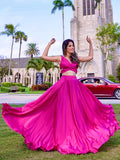 A-Line/Princess Satin Chiffon Ruched V-neck Sleeveless Floor-Length Two Piece Dresses Prom Evening Dress