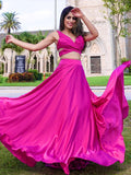 A-Line/Princess Satin Chiffon Ruched V-neck Sleeveless Floor-Length Two Piece Dresses Prom Evening Dress