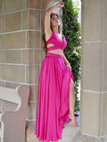 A-Line/Princess Satin Chiffon Ruched V-neck Sleeveless Floor-Length Two Piece Dresses Prom Evening Dress