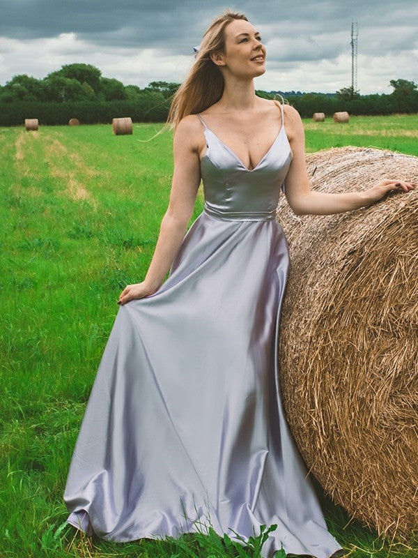 Vestido de noche de graduación, corte A/princesa, de satén tipo seda, con volantes, escote en V, sin mangas y largo hasta el suelo