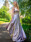 Vestido de noche de graduación, corte A/princesa, de satén tipo seda, con volantes, escote en V, sin mangas y largo hasta el suelo