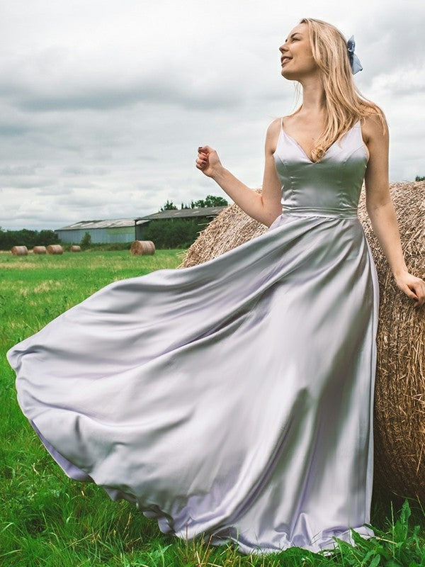 Vestido de noche de graduación, corte A/princesa, de satén tipo seda, con volantes, escote en V, sin mangas y largo hasta el suelo