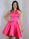 Vestido de fiesta de graduación, corte A/princesa, satén, volantes, cuello halter, sin mangas, corto/mini