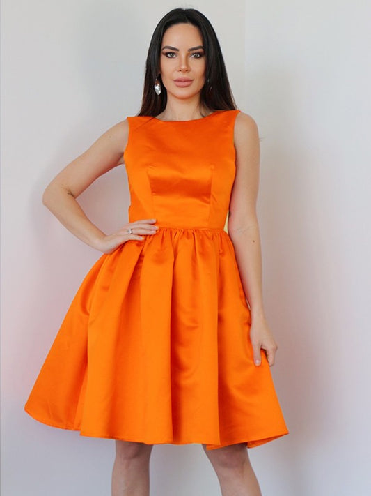 Vestido de fiesta de graduación, corte A/princesa, satén, volantes, escote redondo, sin mangas, corto/mini