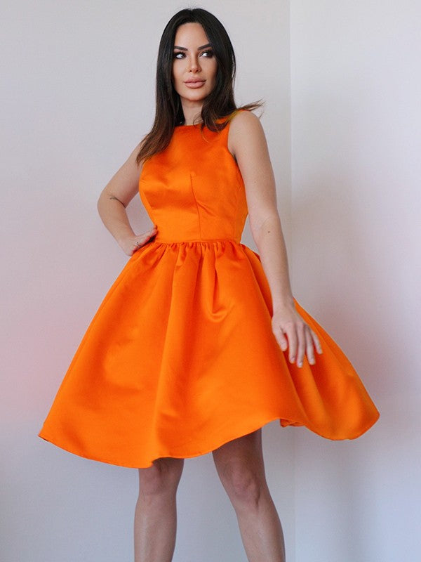 Vestido de fiesta de graduación, corte A/princesa, satén, volantes, escote redondo, sin mangas, corto/mini