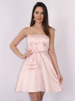 Vestido de fiesta de graduación, corte A/princesa, satén, lazo, sin tirantes, sin mangas, corto/mini