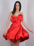 Vestido de cóctel corto/mini sin mangas con escote corazón, corte A/princesa, de satén con lazo y escote en forma de corazón.