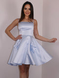 Vestido de fiesta de graduación, corte A/princesa, satén, lazo, tirantes finos, sin mangas, corto/mini