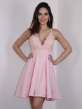 Vestido de fiesta de graduación, corte A/princesa, con encaje de crepé elástico, escote en V, sin mangas, corto/mini