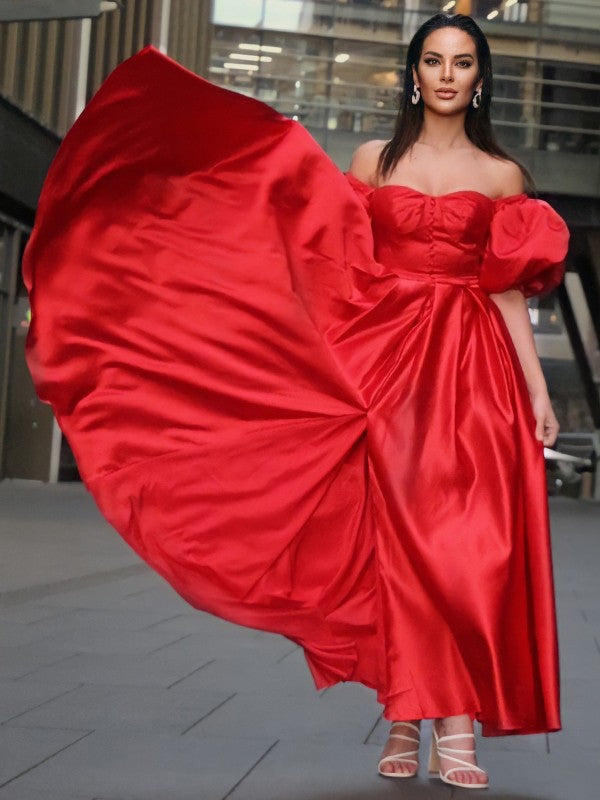 Vestido de noche de graduación de satén con volantes, hombros descubiertos, media manga y largo hasta los tobillos.