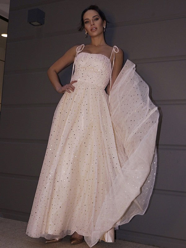 Vestido de noche de graduación con tirantes finos, sin mangas, corte A/princesa, lentejuelas y hasta el suelo