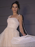 Vestido de noche de graduación con tirantes finos, sin mangas, corte A/princesa, lentejuelas y hasta el suelo
