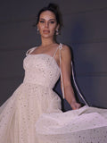 Vestido de noche de graduación con tirantes finos, sin mangas, corte A/princesa, lentejuelas y hasta el suelo