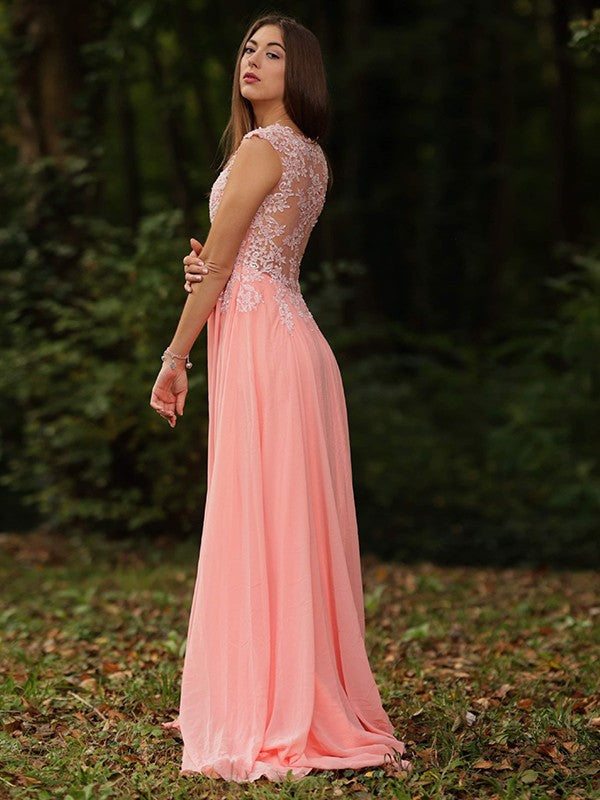 Vestido de noche de fiesta de gasa con encaje, escote en V, sin mangas, corte A/princesa, con cola larga