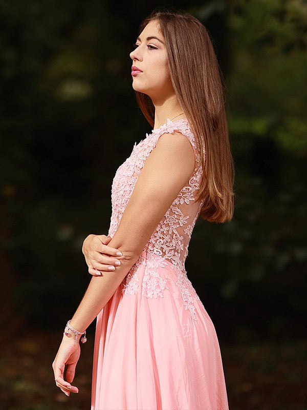 Vestido de noche de fiesta de gasa con encaje, escote en V, sin mangas, corte A/princesa, con cola larga