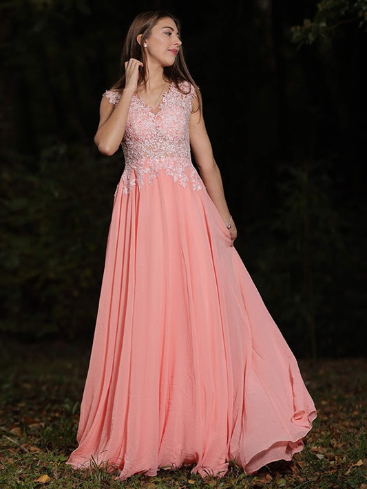 Vestido de noche de fiesta de gasa con encaje, escote en V, sin mangas, corte A/princesa, con cola larga