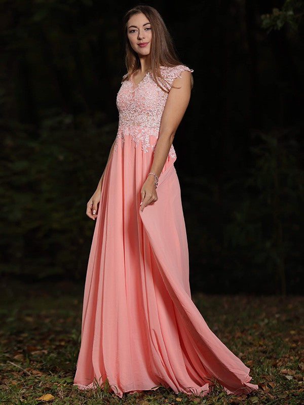 Vestido de noche de fiesta de gasa con encaje, escote en V, sin mangas, corte A/princesa, con cola larga