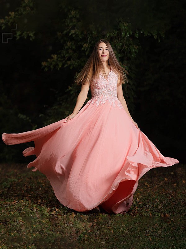 Vestido de noche de fiesta de gasa con encaje, escote en V, sin mangas, corte A/princesa, con cola larga