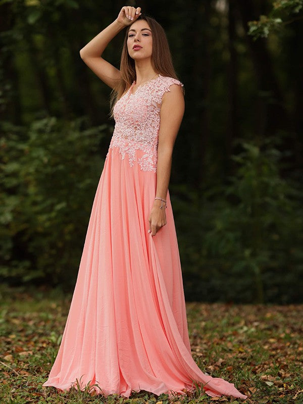 Vestido de noche de fiesta de gasa con encaje, escote en V, sin mangas, corte A/princesa, con cola larga