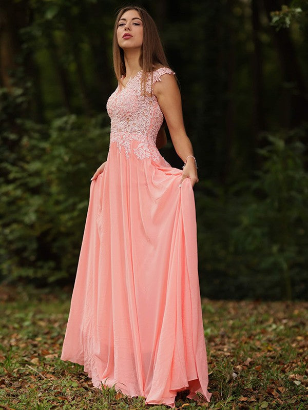Vestido de noche de fiesta de gasa con encaje, escote en V, sin mangas, corte A/princesa, con cola larga